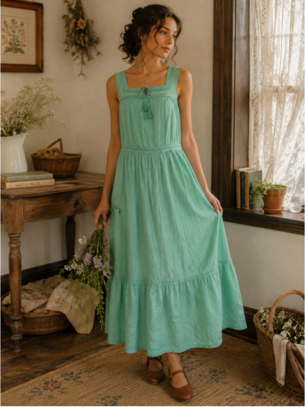 Old Navy NWT Boho Smocked Tiered Maxi Dress Green Square Neck Tassel Tall M